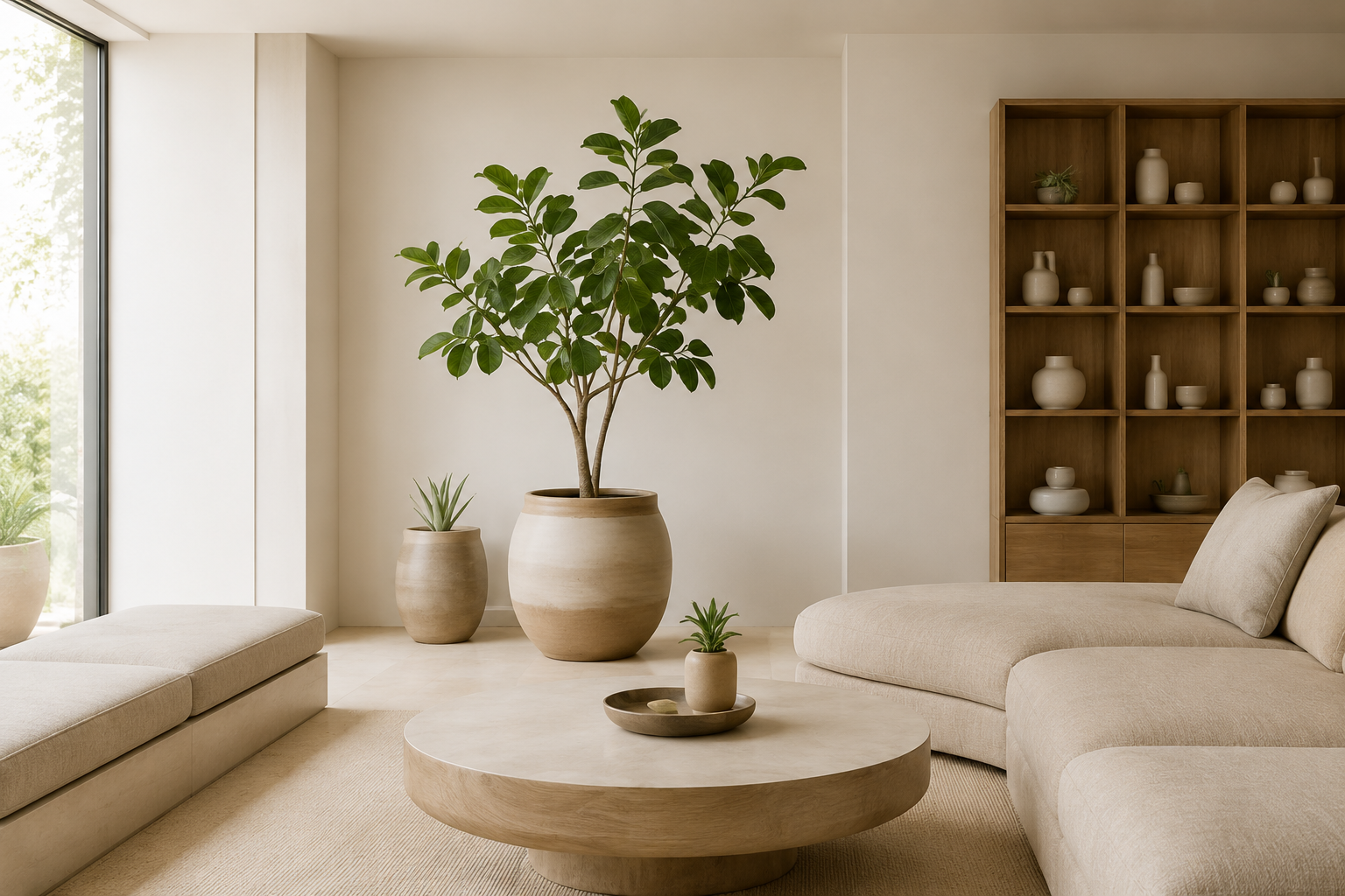 Modern wooninterieur met hout en planten